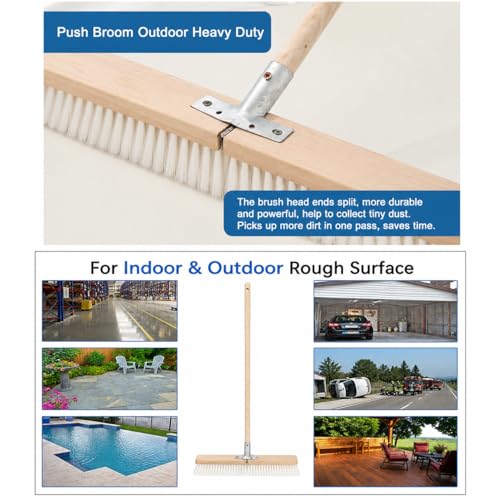 17.71” Heavy Duty Push Broom Outdoor, Stiff Plastic Bristles 4-Layer, 32.28” Wooden Handle, Industrial Broom for Garage Floor, Warehouse, Patio, Concrete, Deck & Sidewalk Cleaning