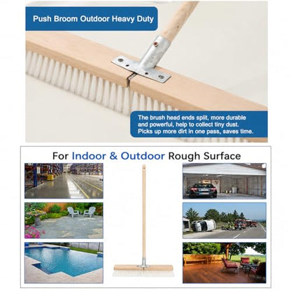 17.71” Heavy Duty Push Broom Outdoor, Stiff Plastic Bristles 4-Layer, 32.28” Wooden Handle, Industrial Broom for Garage Floor, Warehouse, Patio, Concrete, Deck & Sidewalk Cleaning