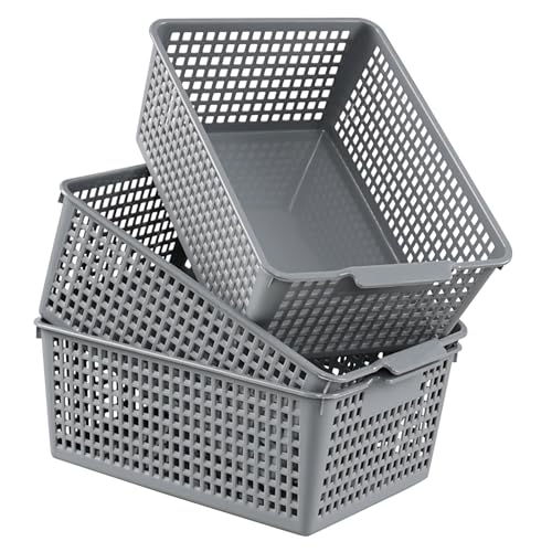 Set of 3 Large Plastic Baskets, Plastic Storage Bin Organizer, Gray | Durable Plastic, Home Organization, Space - Saving Storage, Suitable for Shelves, Closets, Cabinets, Bathrooms and Offices