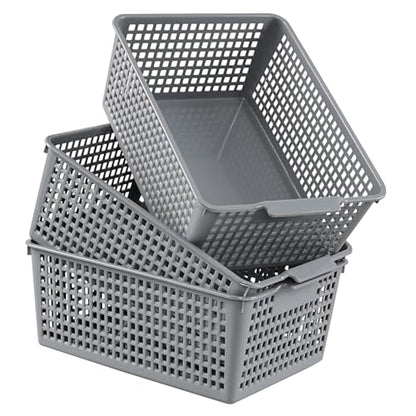 Set of 3 Large Plastic Baskets, Plastic Storage Bin Organizer, Gray | Durable Plastic, Home Organization, Space - Saving Storage, Suitable for Shelves, Closets, Cabinets, Bathrooms and Offices