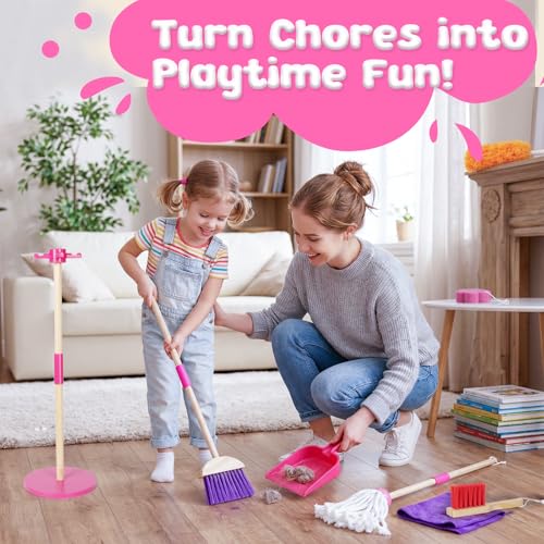 Masthome Wooden Kids Cleaning Set, 8 Pcs Toddler Housekeeping Pretend Play Toys, Broom Mop Dustpan Duster Cleaning Tools with Storage Stand, Educational Life Skill Play Kit for Boys GirlsAges 3+