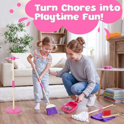 Masthome Wooden Kids Cleaning Set, 8 Pcs Toddler Housekeeping Pretend Play Toys, Broom Mop Dustpan Duster Cleaning Tools with Storage Stand, Educational Life Skill Play Kit for Boys GirlsAges 3+