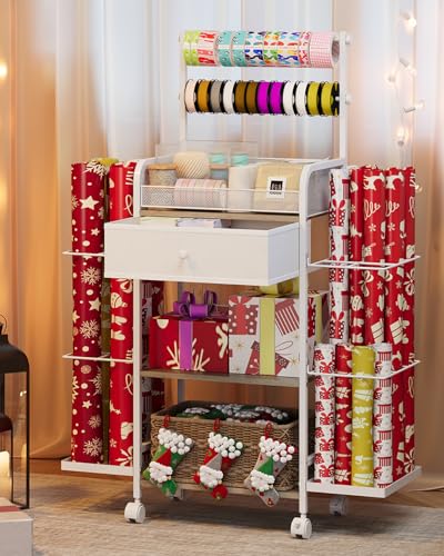 Rsaayekkt Rolling Wrapping Paper Storage Cart with Fabric Drawer White | Vertical gift wrapping organizer storage, fits 12x12 scrapbook paper, heavy duty craft cart with wheels, space saving station - color: White-bilateral