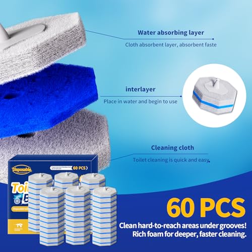 60pcs Disposable Toilet Brush Refill Pads, Replacement Brush Heads, Toilet Cleaner Refills，Disposable Wand Heads，Bathroom Cleaning，Toilet Cleaning Scrubbers Compatible with Most Toilet Brushes - style: 60 refflls（Without handle）
