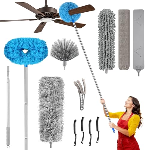 12-Piece Microfiber Feather Duster with Extension Pole (16.1" to 100), Ceiling Fan Duster for Ceiling Fan, Flat Duster for Under Appliances, Chenille & Cobweb Duster for Cobweb, Wall, Furniture - color: 12-piece Set With Ceiling Fan Cleaner