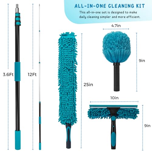 Cobweb Duster with 5-12 Ft Extension Pole, Spider Web Brush with Long Telescoping Pole for 20 Feet Reach, Window Cleaning Squeegee with Scrubber, High Ceiling Fan Dusters