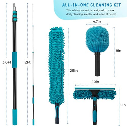 Cobweb Duster with 5-12 Ft Extension Pole, Spider Web Brush with Long Telescoping Pole for 20 Feet Reach, Window Cleaning Squeegee with Scrubber, High Ceiling Fan Dusters