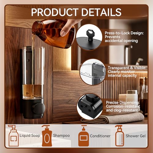 Junkin 4 Pcs Manual Bathroom Wall Mounted Soap Dispenser, 300ml Black Kitchen Bathroom Commercial Shower Clear Refillable Soap Dispenser Clear Plastic Refillable Liquid Lotion Pump and Organizer - color: Black