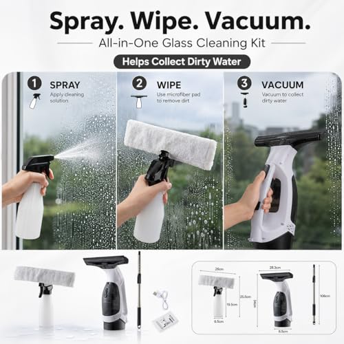 Cordless Window Vacuum Cleaner with Extension Pole, Rechargeable Glass Cleaning Squeegee Kit, 5.07 fl oz Water Tank, Spray Bottle & Microfiber Pad for Windows Shower Doors Mirrors Tiles