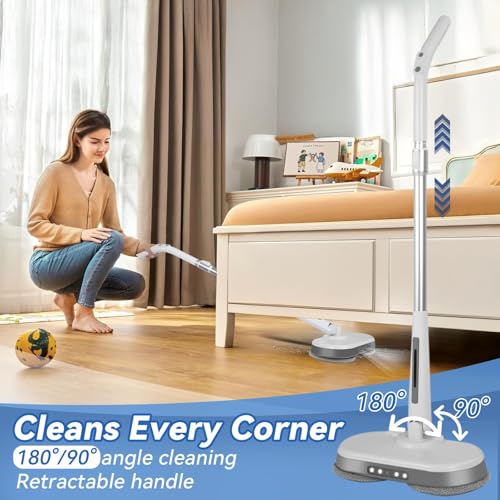 Cordless Electric Mop, Electric Spin Mop with LED Headlight and Water Spray,60 Mins Spin Power Scrubber Mops for Floor Cleaning,2000mAh Battery,350ml Water Tank,Standing Storage,Light Weight