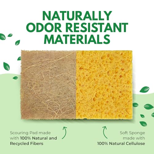 AIRNEX Natural Kitchen Sponges Pack of 18 - Biodegradable Cellulose and Coconut Husk Walnut Scrubbers - Odor Free Non Scratch - Eco Friendly Quick Drying Dishwashing Sponges - size: 18 Pack