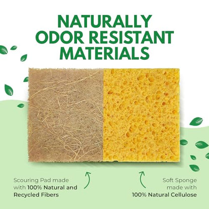 AIRNEX Natural Kitchen Sponges Pack of 18 - Biodegradable Cellulose and Coconut Husk Walnut Scrubbers - Odor Free Non Scratch - Eco Friendly Quick Drying Dishwashing Sponges - size: 18 Pack