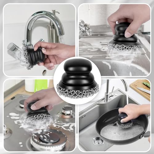 Cast Iron Scrubber (2 × Black Coarse Mesh) and and Scraper, Chain Mail Scrubber for Cleaning Stock Pots, Pans, Griddles, Grills, Cast Iron Skillets, Dish Scouring Pads - color: 2 × Black Coarse Mesh