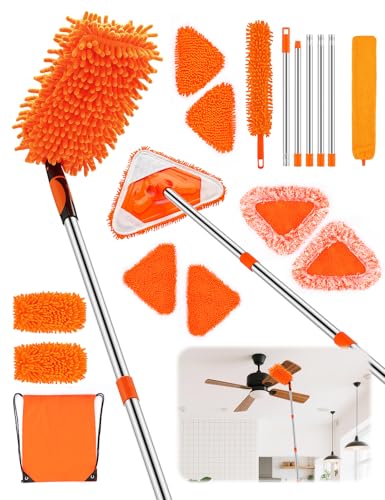 Ceiling Fan Cleaner Duster with 76" Extendable Long Handle,180° Wall Mop Cleaner for Walls/Ceiling Fans/Dust/Baseboards/Floors/Blade Blinds/dDoors Clean,Feather Duster Cleaning Kit - color: Orange-duster With Triangle Mop Set