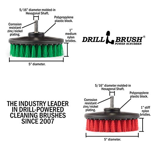 Drill Brush - Cleaning Supplies - Medium and Stiff Bristle Brush Kit - Spin Brush - Grout Cleaner - Tile, Counter-tops, Stove, Oven, Sink, Trash Can, Floors - Concrete Swimming Pools, Garden Fountains - color: Green / Red