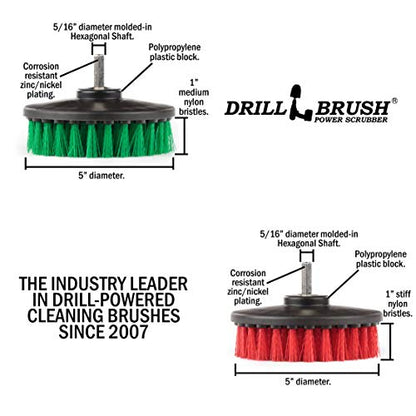 Drill Brush - Cleaning Supplies - Medium and Stiff Bristle Brush Kit - Spin Brush - Grout Cleaner - Tile, Counter-tops, Stove, Oven, Sink, Trash Can, Floors - Concrete Swimming Pools, Garden Fountains - color: Green / Red
