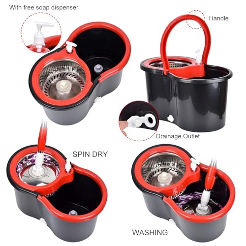 Mop Bucket with Wringer Set, 360 Rotation Mop Bucket Systerm for Floor Cleaning with 3 Microfiber Mop Head for Office and Home Use, Black (20QT) - color: Black Red