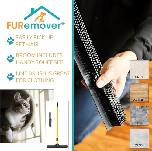 FURemover Pet Hair Removal Rubber Broom, 58" Telescopic Handle with Lint Brush - color: Yellow