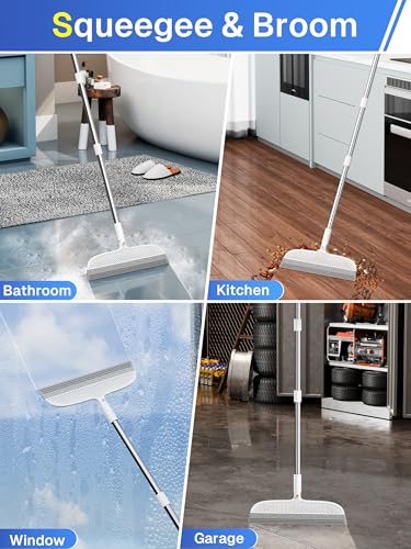 Silicone Floor Squeegee, 180° Rotating Air Broom, Squeegee for Floor with a Long Handle, Magic Broom for Water and Pet Hair Removal on Bathroom Floors, Tile, Deck and Glass, Indoor Cleaning Tool - size: 11.8" | Soft TPR Silicone with Raised Dots