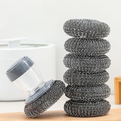 Artibetter Dishwashing Brush Set with Soap Dispenser, 1 Steel Wire Scrubber and 2 Synthetic Sponges, Pressure-Activated Pot and Pan Cleaning Brush for Kitchen and Home Use