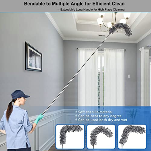 Microfiber Duster Kit High Reach Ceiling Fan Duster with Extendable Pole 100" Telescoping Cobweb Duster for Cleaning, Bendable Head Washable Duster for Ceiling, Fan, Furniture - style: 4PC Duster Kit Grey