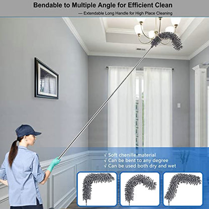 Microfiber Duster Kit High Reach Ceiling Fan Duster with Extendable Pole 100" Telescoping Cobweb Duster for Cleaning, Bendable Head Washable Duster for Ceiling, Fan, Furniture - style: 4PC Duster Kit Grey