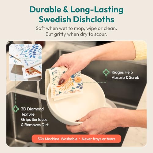 FEBU Swedish Dishcloths for Kitchen | 5 Pack Botanique Reusable Paper Towels Washable | Swedish Dish Towels | Non-Scratch Cellulose Sponge Cloths | No Odor, Biodegradable Cleaning Cloths - color: Botanique