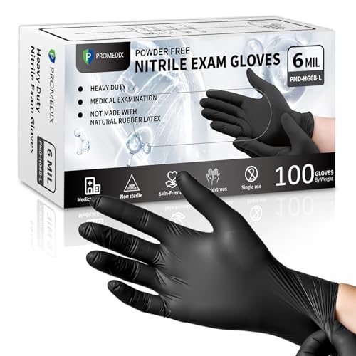 PROMEDIX P Black Disposable Nitrile Gloves, 6Mil 100 Pcs Food Safe Cooking Gloves Latex Free Rubber Gloves for Cleaning Exam - size: Medium