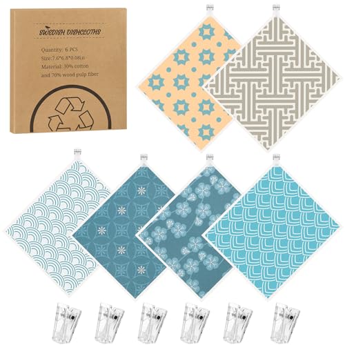 Needbrock 6 Pack Swedish Dishcloths for Kitchen, Geometric Pattern Swedish Rags Dish Towels with Clips, Reusable Paper Towels Washable Absorbent for Home Housewarming Cleaning Gifts for Hostess - color: Geometric Pattern