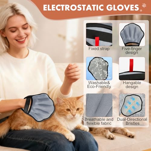 Pet Hair Removal Glove, Electrostatic Pet Hair Remover Glove for Cats & Dogs, Pet Hair Remover Tool for Laundry, Couch, Carpet, Car Seat - Upgraded Five-Finger, Reusable, Grey+Grey - color: Grey+Grey
