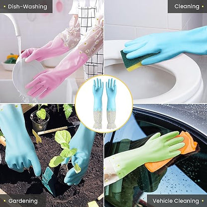 KAQ Dishwashing Cleaning Gloves 3 Pairs-Reusable Cotton Liner Rubber Gloves Long cuff 19.5" Non-Slip Kitchen Gardening Gloves