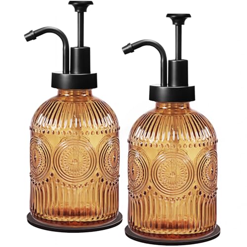 Amolliar 12 Oz Vintage Glass Bathroom Soap Dispensers with Pump, 2 Pack Refillable Kitchen Dish Soap Dispenser with Stripe, Antique Rustic Hand Soap Liquid Bottle (Brown-Black Pump) - color: Brown-black Pump 2p