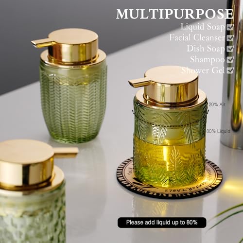 CICUFY Glass Foaming Dispenser - Refillable Lotion or Soap Dispenser for Kitchen & Bathroom, Large Gold Pump (Leaf Pattern - Green) - color: Green, style: Foam/Leaf Pattern
