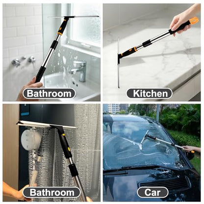 14" Window Cleaning Tool, All-Purpose Extendable Window Squeegee with 2 Blades and Stainless Steel Pole, Shower Squeegee for Glass Doors,Shower Doors, Windows, Bathroom and Car Windshields