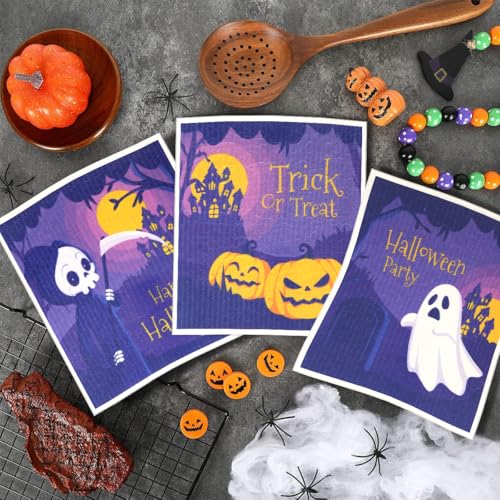 6 Pack Swedish Dishcloths for Kitchen |Watercolor Dish Towels | Reusable Paper Towels Washable | Non-Scratch Cellulose Sponge Cloths | No Odor, Biodegradable, Swedish Cloths, Halloween - color: W-halloween