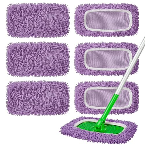 6Pcs Reusable Microfiber Mop Pads Compatible with Swiffer Sweeper, Wet and Dry Flat mop Cover, Replacement Sweeping Mopping pad Refills for Surface/Hardwood Floor Cleaning - color: Purple 6 Pack