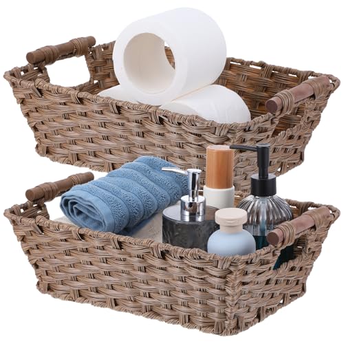 2 Pack Large Waterproof Wicker Storage Basket – 15"x10.6"x5.1" Brown Polypropylene Woven Baskets with Wood Handles & Metal Frame for Pantry, Bathroom, Bedroom, Patio
