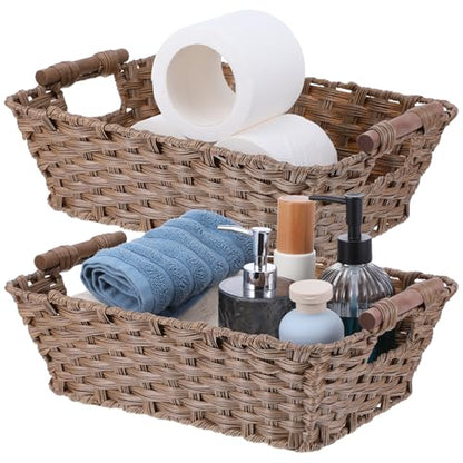 2 Pack Large Waterproof Wicker Storage Basket – 15"x10.6"x5.1" Brown Polypropylene Woven Baskets with Wood Handles & Metal Frame for Pantry, Bathroom, Bedroom, Patio