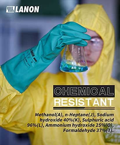 LANON 3 Pairs Nitrile Chemical Resistant Gloves, Reusable Heavy-Duty Rubber Gloves, Acid, Alkali & Oil Protection, Non-Slip, Large - size: Large (Pack of 3)