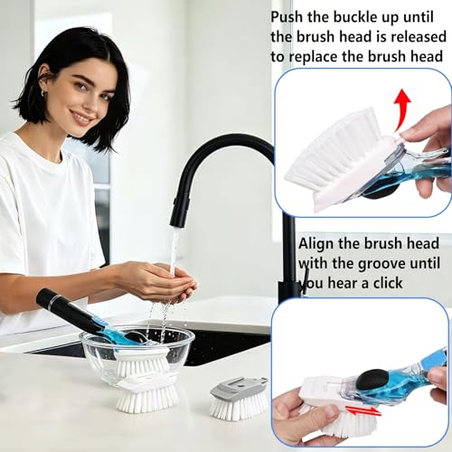 Dish Brush Refills, Dish Scrubber Replacement Heads Compatible with OXO Soap Dispensing Dish Brush, Nylon Bristles with Built-in Scraper, Suitable for Non-Stick Cookware, 2 Pack - color: 2 Pack, White