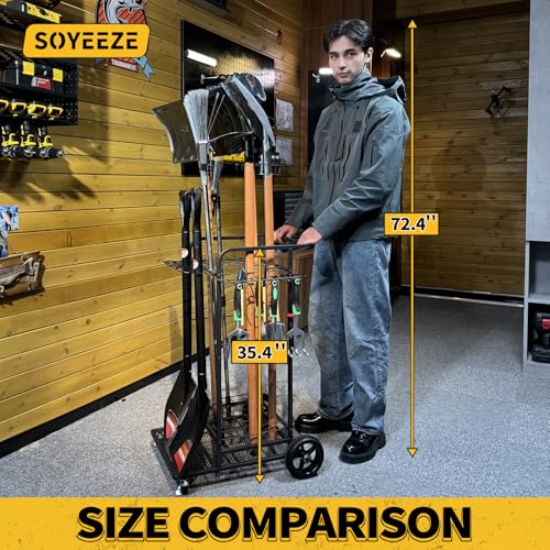 SOYEEZE Garden Tool Organizer with Large Wheels, Heavy Duty 3-Tier Yard Tower Tool Rack for Garage, Holds Up to 35 Long-Handled Tools, Garden Tool Cart with 12 Hooks for Tool Organization Storage