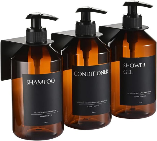 Shampoo and Conditioner Dispenser Set of 3 for Wall Mount,16.9 fl oz Drill Free Shower Soap Bottles with Labels,Refillable Body Wash Dispensers for Bathroom Decor (Amber Bottles + Black Pumps) - color: Amber Bottles + Black Pumps