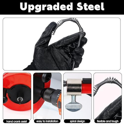 50 Ft Drain Auger,Use Manually or Drill Powered 50 Feet Drain Snake,Heavy Duty Flexible Plumbing Snake,With Gloves and Storage Bag for Kitchen Sink, Shower Drain (50FT, Red) - color: Red-50FT