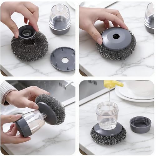 Soap Dispensing Dish Brush, 2 in 1 Kitchen Scrub Brush with Built in Soap Dispenser, Replaceable Dish Scrubber Bristles with Ergonomic Handle for Cleaning Dishes Pots Sinks (1)
