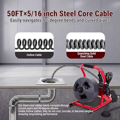 50FT x 5/16 Inch Drain Cleaner Machine, Electric Drain Auger for 3/4"-3" Pipes, Sewer Snake Auger with 4 Cutters & Pneumatic Foot Switch - style: 50FT x 5/16inch