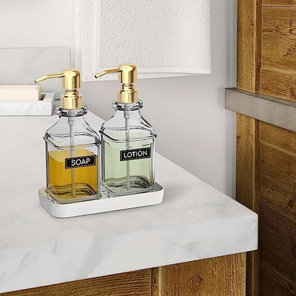 LMQML Soap Dispenser - 2 Pack, Antique Design Thick Glass Hand Soap Dispensers with Sturdy Tray; 304 Rust Proof Stainless Steel Pump, 12Pcs Stickers, for Kitchen, Bathroom - color: Gold