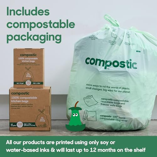 Compostic Compostable Trash Bags, 13 Gallon Tall Kitchen (50 Count) Starter Pack — Extra Strong, Home Compostable, Plant-Based, Non-Toxic, Unscented Garbage Bags - size: 50 Count (Pack of 1), style: Tall 13 Gallon