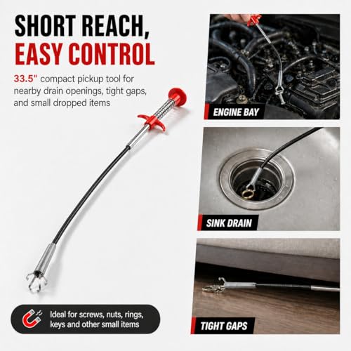 33.5 Inch Compact Drain Grabber Tool, Flexible 4-Claw Pickup Tool for Sink Drains, Small Items and Tight Spaces - style: 33.5 in.