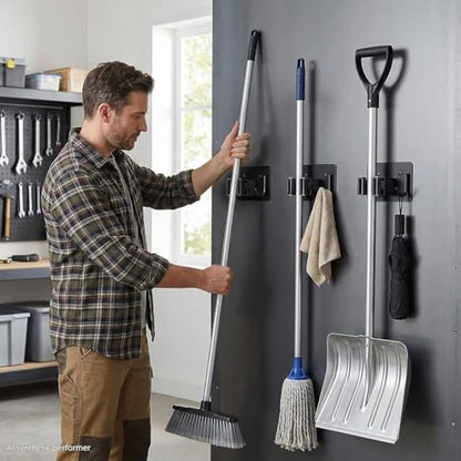 4pcs Magnetic Broom Holder Wall Mount, Black | 12.13lbs Heavy Duty, Mop and Broom Organizer, No Drill Tool Gripper, For Garage Home Office RV & Living Room