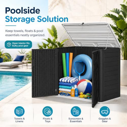 ADDOK 38 Cu.Ft Outdoor Storage Shed with Floor,Large Waterproof Resin Storage Cabinet with Lift-Up Lid,Double Doors and Lockable Design for Lawn Mower,Garden Tools, Patio,Backyard and Pool Supplies - size: Black 38 Cu.Ft